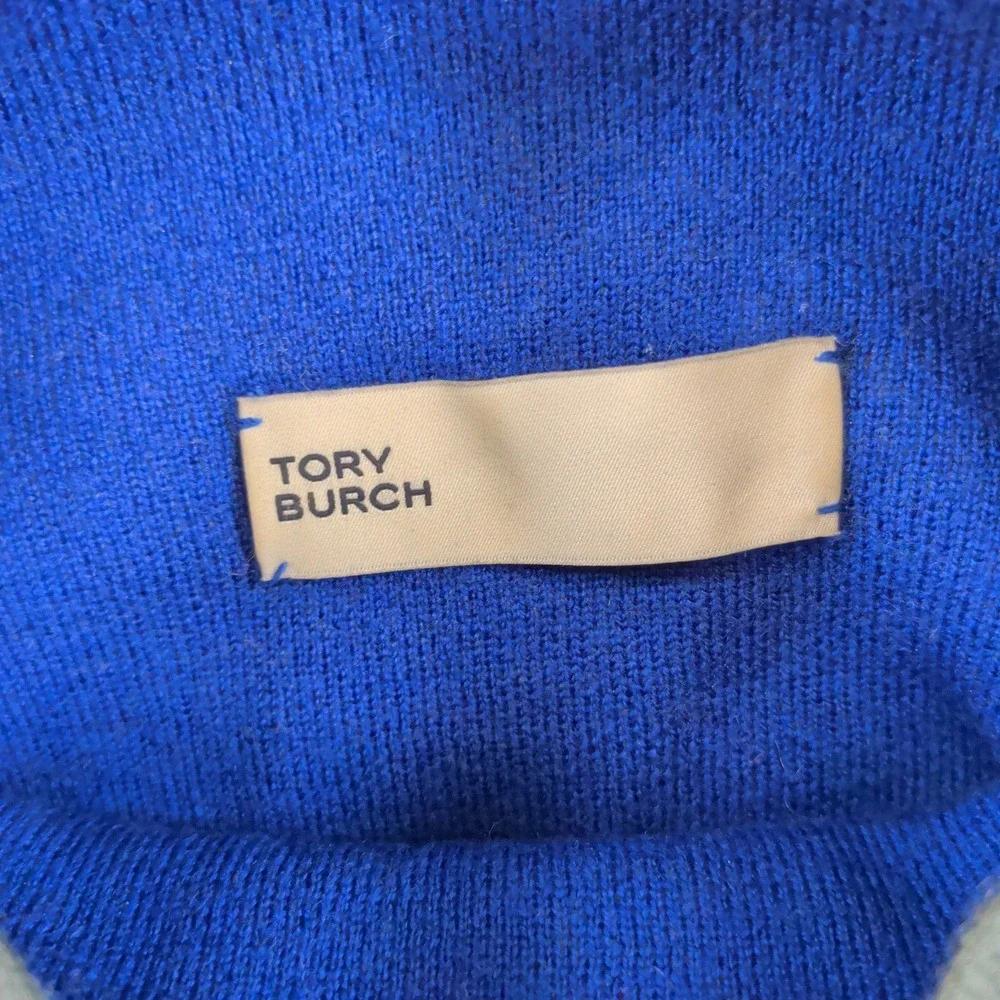 Tory Burch Double Faced Mock Neck Sweater Green Wool Blend Yellow Piping Small